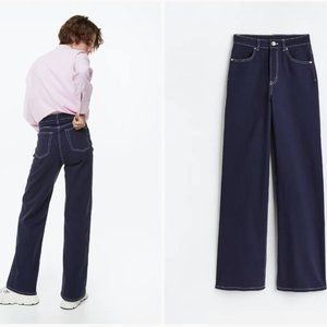 Straight Wide-leg Twill Dark Blue Pants - H&M